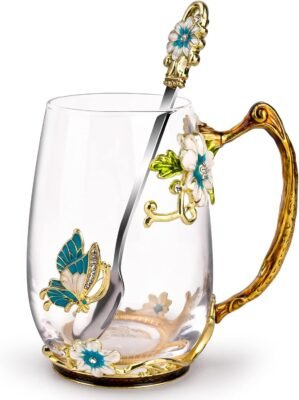 OEAGO Birthday Gifts for Women Mom Glass Coffee Enamels Mug Best Mothers Day Butterfly Gifts for Her from Daughter Son Lead-Free Christmas Tea Cup with Spoon Sets