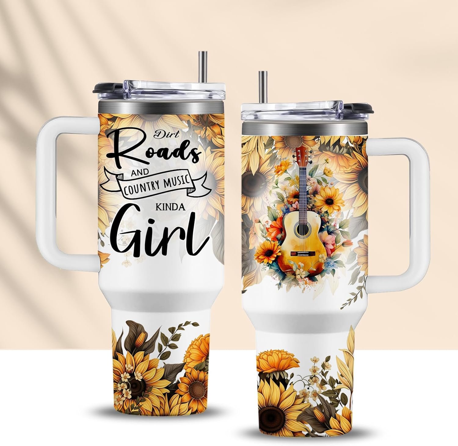 Country Music Girl Gifts Insulated Stainless Steel Sunflower Country Music Girl Cup Tumbler with Handle 40oz Christmas Mothers Day Birthday Gifts for Village Musics Girls Piano Coffee Mugs