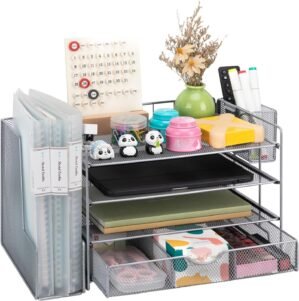 Soilsiu Desk Organizer, Office Desk Accessoreis with Drawer, 4-Tier Dorm Room Essentials for College Students, Pen Holders, Office Supplies Paper File Organizer for Desk, Grey