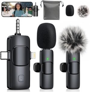 3-in-1 Mini Microphone for iPhone: Wireless Lavalier Microphones for iOS/Android Devices/Camera – Noise Reduction Lapel Mic – Clip on Mic for Video Recording Vlog/YouTube/Interview