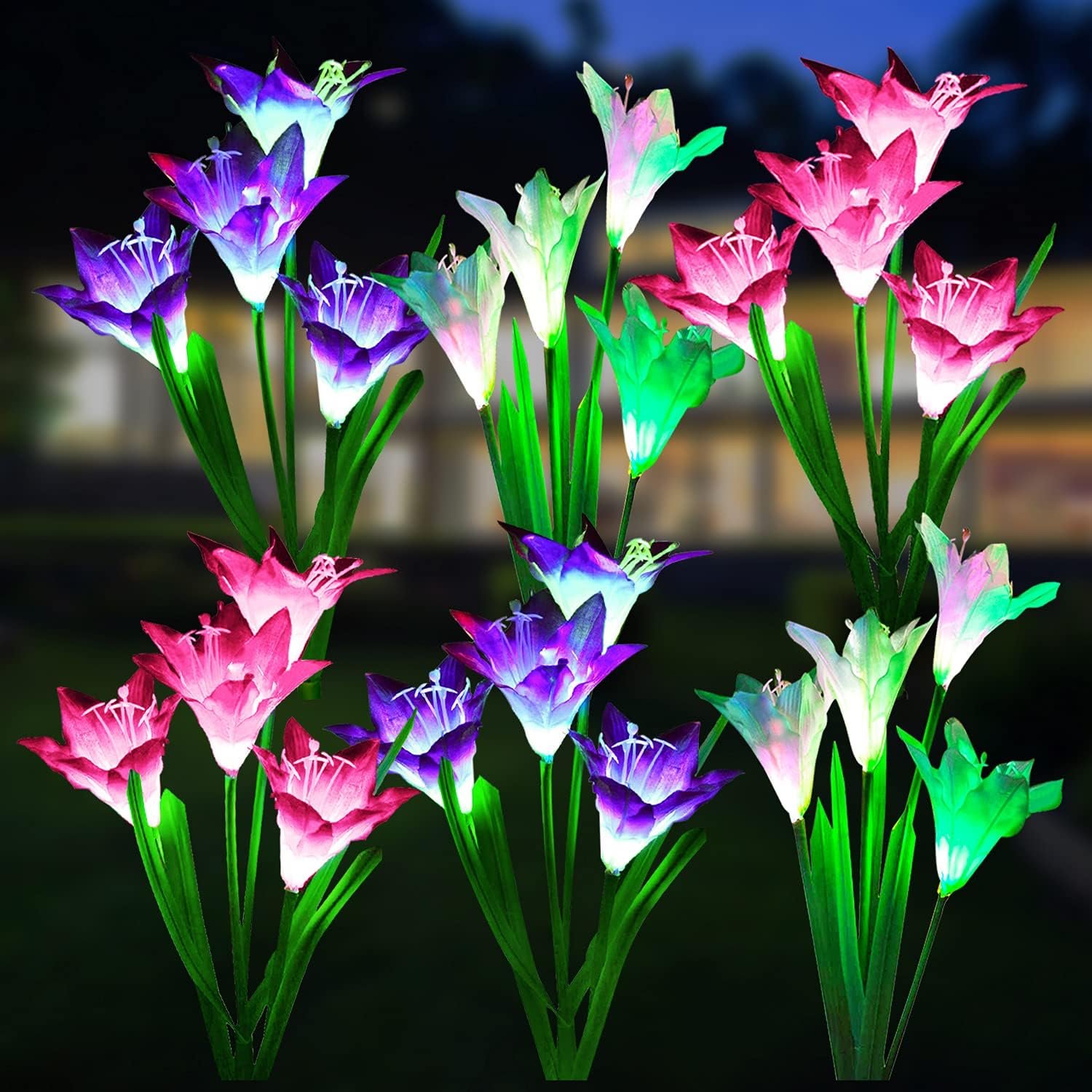 WdtPro Solar Lights Outdoor Garden Decorative Flowers 6 Pack, Waterproof Solar Garden Lights with 24 Lily Flowers, Multi Color Changing LED Solar Powered Landscape Lights for Yard Patio