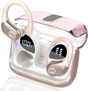Wireless Earbuds 75hrs Bluetooth 5.4 Headphone Sport, 2025 Bluetooth Earbuds Stereo Deep Bass Over Ear Bud with Earhooks, ENC Noise Cancelling Mic, IPX7 Waterproof Earphone Rose Gold