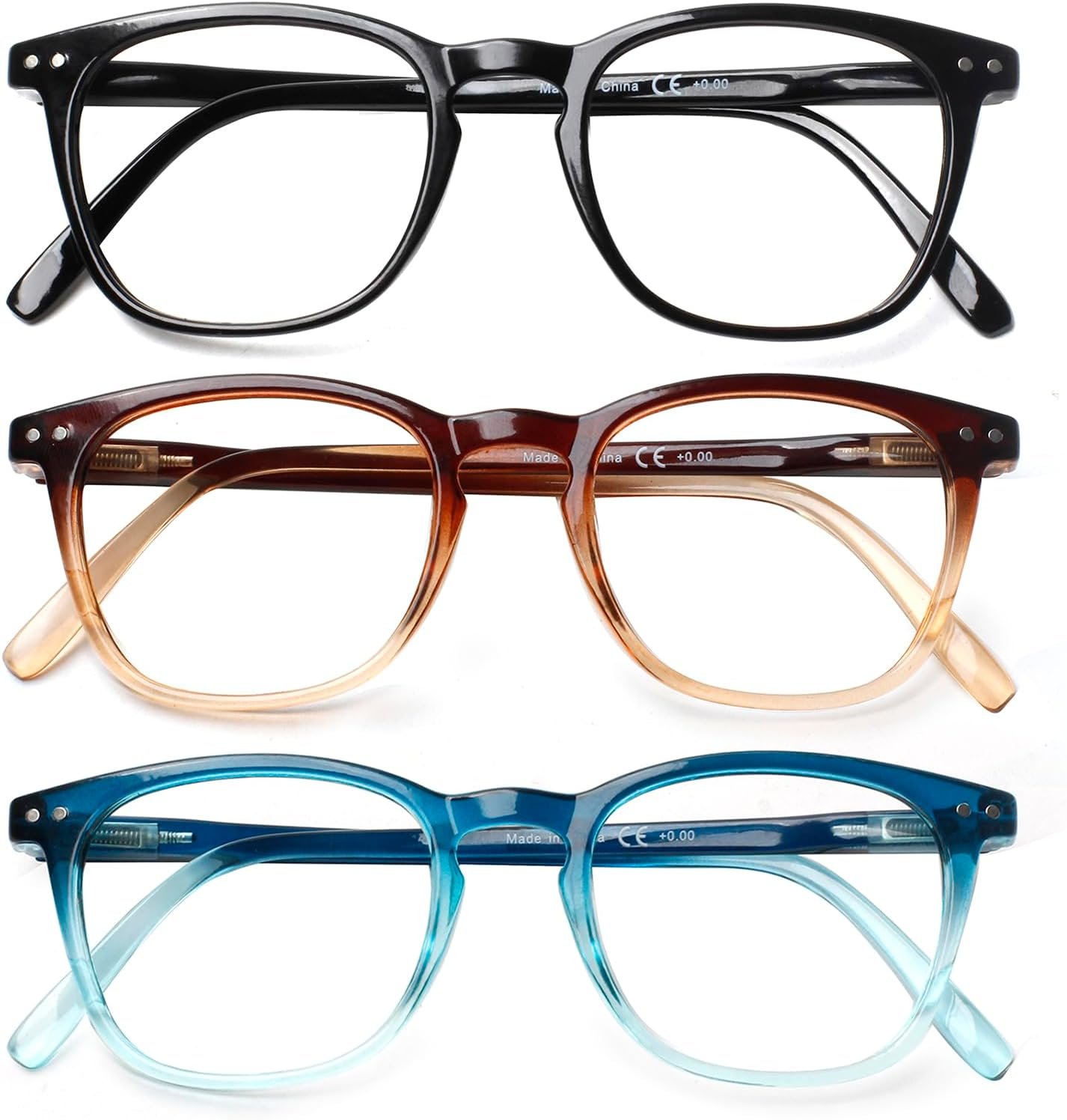 Henotin 3-Pack Blue Light Blocking Reading Glasses,Spring Hinge Computer Readers for Men Women,Anti UV Ray Filter Eyeglasses (Mixed Color-1, 0.00, Diopters)