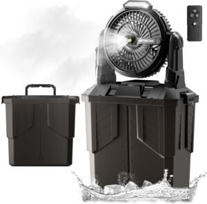 Misting Fan, 6L Bucket Portable Misting Fans with Remote, 20000mAh Rechargeable Battery Portable Fan for Outdoors Patios, Camping Fans 270° Adjustable, Hanging & Lighting for Outdoor Cooling