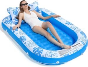 COMMOUDS Inflatable Tanning Pool Lounger Float with Cervical Pillow – Pool Floats Adult for Sunbathing, Backyard, Pool Party – Inflate Ball Pit for Babies – Kids Swimming Pool Bed
