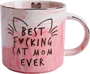 Cat Mom Gifts for Women – Crazy Cat Lady Coffee Mug Gift for Kitten Lover Mom, Daughter, Sister, Aunt, Wife, Best Friends, BFF, Coworkers, Her – Best Mom Ever – Pink Marble Mug, Ceramic 11.5oz Cup