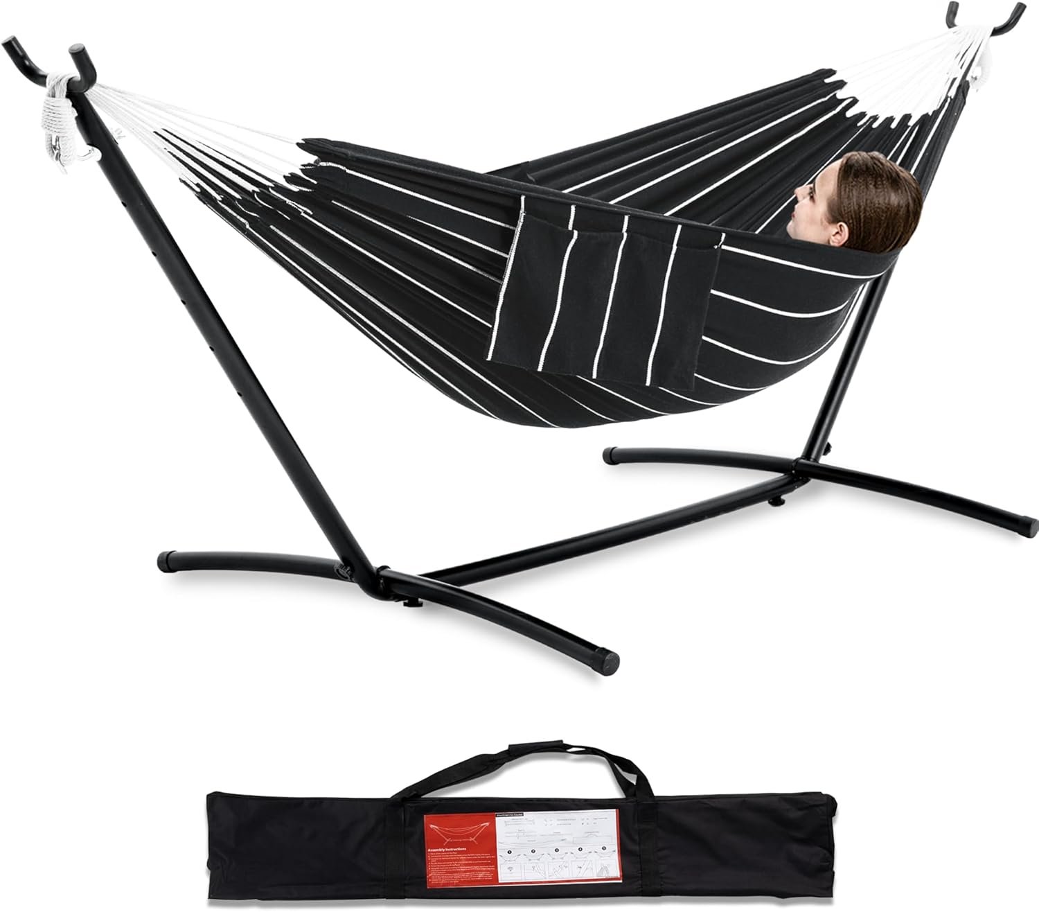 Double Hammock with Space Saving Steel Stand 2 Person Heavy Duty Garden Yard Outdoor 450lb Capacity Hammocks and Portable Carrying Bag (Chasm)