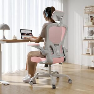 Office Chair Ergonomic Desk Chair, 330LBS Capacity, High Back Computer Chair for Long Hours Comfortable, Rolling Swivel Executive Task Chair for Home Office with Flip-up Armrests, Grey Pink