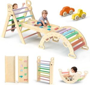 BlueWood Pikler Triangle Set 7in1 Foldable Baby Climbing Toys Wooden Montessori Climbing Set with Arch&Ramp&Ladder Baby Climber Indoor Jungle Gyms for Toddlers Montessori Toys – Rainbow