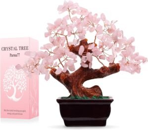 Parma77 Feng Shui Natural Rose Pink Quartz Crystal Money Tree, Healing Crystal Trees Bonsai Style Decoration for Wealth and Luck for Home Decor, Gifts for Women