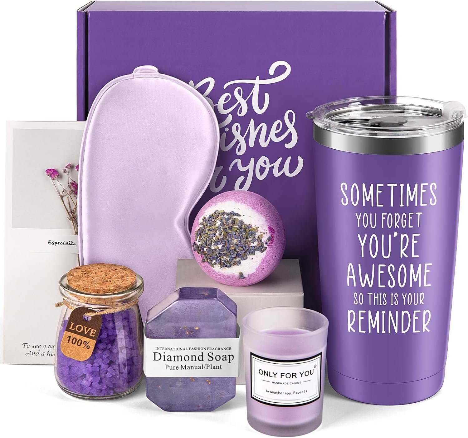 Jekeno Birthday Gifts for Women Girls – Mothers Day Gifts for Mom Wife Christmas Presents for Sister Female Friends Girlfriend Nurse Her Lavender Relaxing Spa Basket Purple Gift Box Mug Tumbler Set