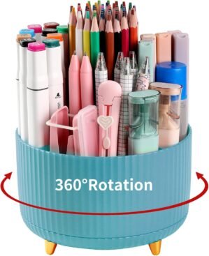 Desk Pencil Pen Holder, 5 Slots 360°Degree Rotating Organizers for, Desktop Storage Stationery Supplies Organizer, Cute Cup Pot Office, School, Home, Art Supply, Blue