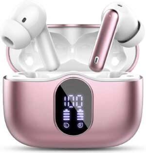 Wireless Earbuds Bluetooth 5.4 Headphones Bass Stereo Ear Buds with Noise Cancelling Mic LED Display in Ear Earphones IP7 Waterproof 36H Playtime for Laptop Pad Phones Sports Workout Rose Gold