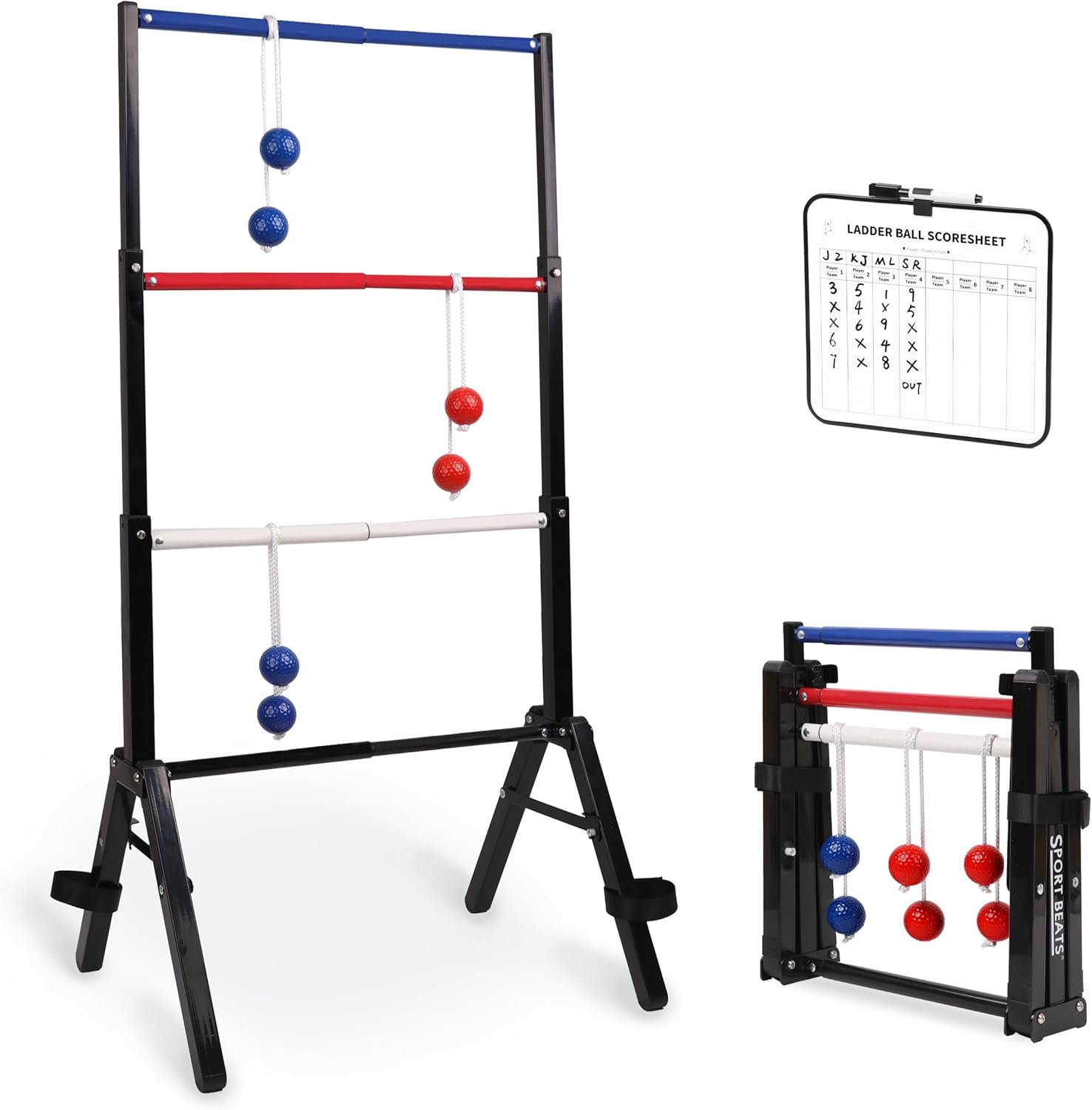 Outdoor Games Ladder Ball Set Assembly Free Portable Ladder Toss Pro Steel Frame Includes Carrying Case, 6 Bolas and Scoreboard