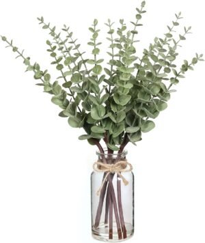 VIERENA 17.5″ Artificial Eucalyptus Stems in Glass Vase with Faux Water,Fake Plant Eucalyptus Leaves White Seeds for Centerpiece Table Decorations Farmhouse Wedding Home Greenery Decor (Sage Green)
