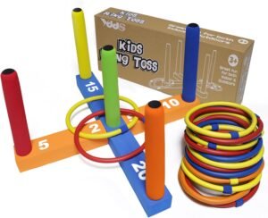Ring Toss Game for Kids, Indoor & Outdoor Game for Family and Adults with 5 Poles, 2 Bases and 16 Rings in 4 Colors, Soft Foam Toy for Kids Backyard Ring Toss Fun