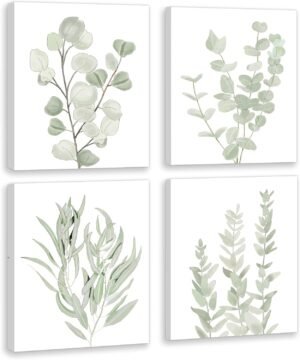 FRAMED Botanical Plant Canvas Wall Art,Boho Plant Wall Decor for Bedroom,Minimalist Floral Prints for Living Room,Light Green Botanical Art Painting for Office,Set of 4,8”x 10”