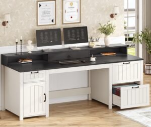 SEDETA Farmhouse 63″ Executive Desk, Home Office Desk with File Drawer and Monitor Stand, Computer Desk with Drawers and Storage Cabinet, Wood Desk for Work Study Writing, White