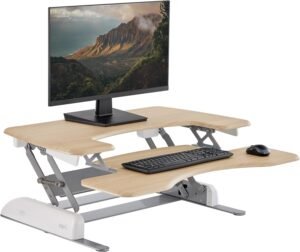 Vari VariDesk Pro Plus 36 – Adjustable Desk Converter with 11 Height Settings – Laptop Sit Stand Desk Riser for Home Office, Table Tops, Workspace – Fully Assembled, Spring Loaded Lift – Light Wood
