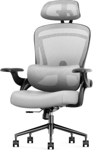 Sweetcrispy Ergonomic Mesh Office Chair, High Back with 2D Headrest, Up&Down Lumbar Support, Swivel Computer Task Desk Chairs with Adjustable Flip-up Armrests,Grey