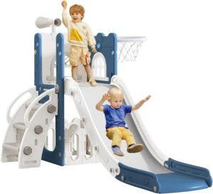 6 in 1 Toddler Slide for Toddler Age 1-3,Kids Climber Slider for Indoor Outdoor Playground with Basketball Hoop,Storage and Telescope,L Shaped Slide for Toddler Climber Playset