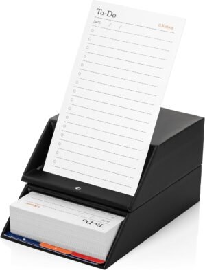 Notsu Centre Rise To Do List Card Box Set | 50 Foldable To-Do Vertical Notecards 3×5, Productivity Index Card Organizer Tab Dividers, Desk Card Holder Stand (Black)