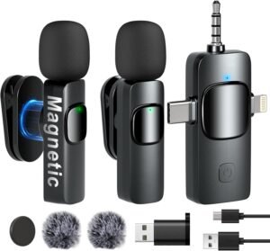 Wireless Microphone Lavalier Clip on Microphone – 4-in-1 Rechargeable with Magnetic Clip for Video Recording 360° Adjustable Noise Canceling Mic