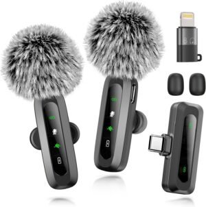 Wireless Microphone Mini Mic for iPhone/Android Phone, LED Display Lavalier Microphone for Video Recording Clip on Lapel Lav Mics Vlog YouTube TikTok