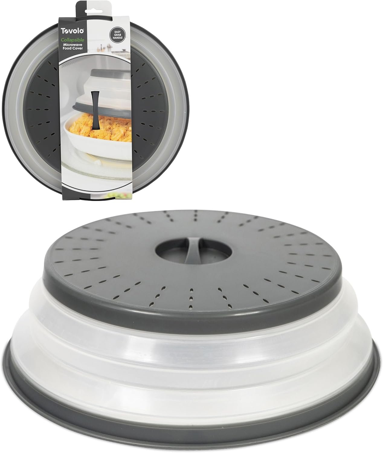 Tovolo Microwave Splatter Cover for Food, Large (Charcoal) – Collapsible & Vented Silicone Splatter Guard Lid – Microwave Plate & Dish Cover with Handle – BPA-Free Kitchen Gadget for Meal Prep