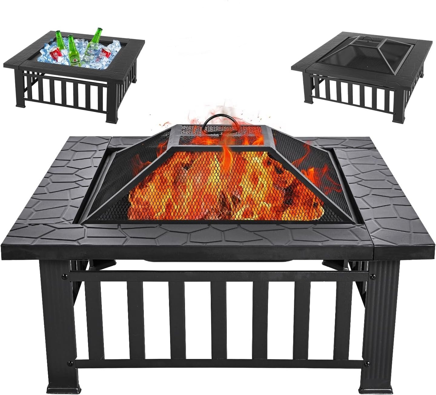 Multifunctional Fire Pit Table 32 inch Square Metal Firepit Stove Backyard Patio Garden Fireplace for Camping, Outdoor Heating, Bonfire and Picnic