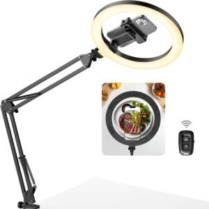 InnoGear Overhead Phone Mount with Ring Light, 10″ LED Selfie Ring Light for Desk with Phone Holder and Remote Canvas Lamp Light for YouTube Live Stream Cooking Video Recording Vlog Zoom Meeting