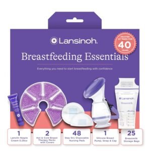 Lansinoh Breastfeeding Essentials Kit for New Moms with Nursing Pads, Breastmilk Storage Bags, Nipple Cream, Hot and Cold Breast Therapy Packs, Silicone Breast Pump, 77 Piece Gift Set