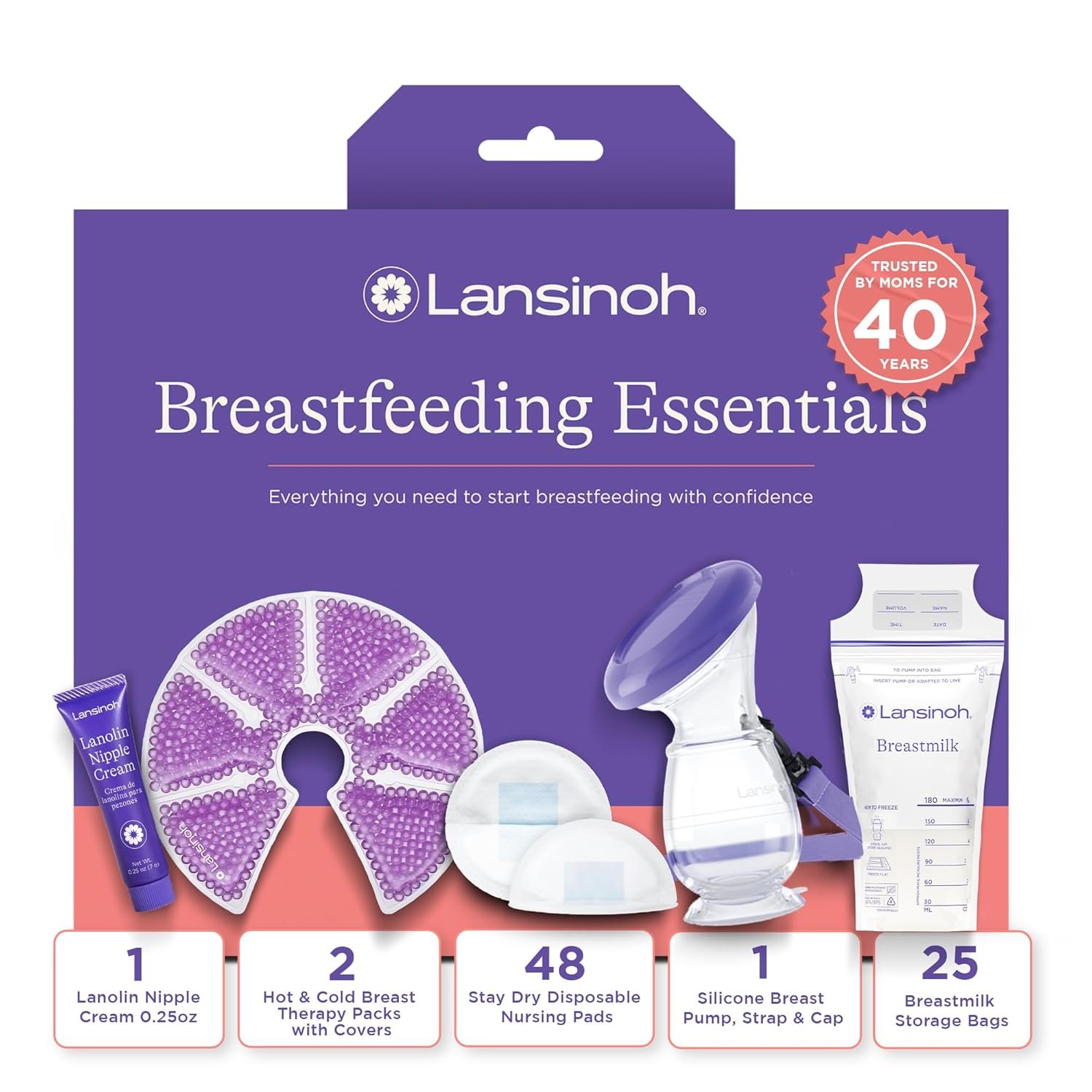 Lansinoh Breastfeeding Essentials Kit for New Moms with Nursing Pads, Breastmilk Storage Bags, Nipple Cream, Hot and Cold Breast Therapy Packs, Silicone Breast Pump, 77 Piece Gift Set