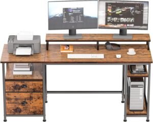 Furologee 61″ Desk with Fabric File Drawer, Reversible Computer Desk with Shelves and Drawer, Industrial Writing Table with Monitor Stand, Long Study Table Workstation for Home Office, Rustic Brown
