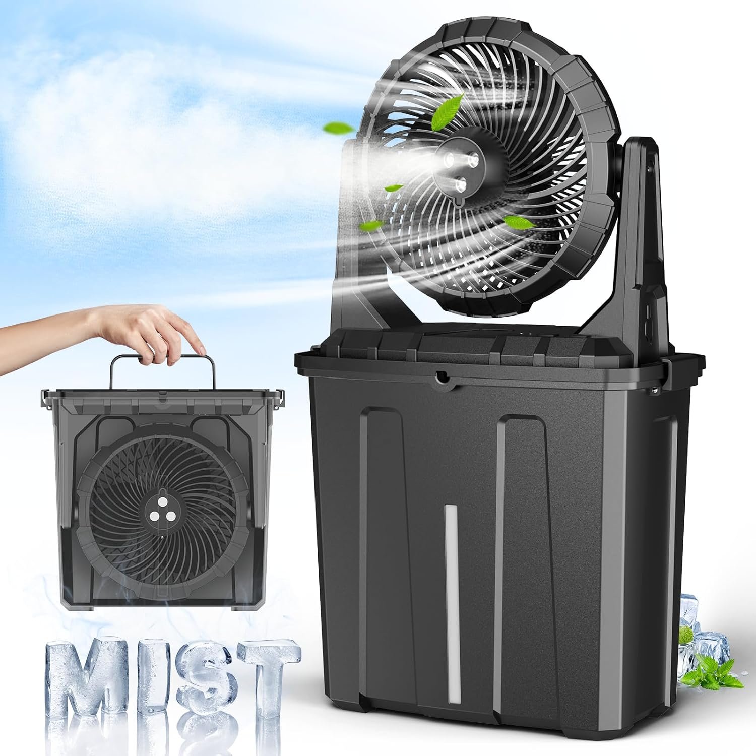 Ausic 9L Bucket Portable Misting Fan for Outdoors Patios – 10IN, 20000mAh Rechargeable Battery Operated Camping Fan, 3 Strong Winds, 3 Large Spray Outlets, for Fishing/Travel/Garden/Golf/Tent/Office