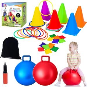 35PCS 4 in 1 Carnival Outdoor Games Combo Set for Kids, Soft Plastic Cones Bean Bags Ring Toss Game, Activity Agility Set with 2 PCS 18″ Hopper Balls, Birthday Party Yard Lawn Games