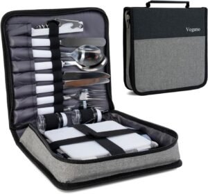 Picnic Set for 2 – Includes 16 Pcs, Portable Travel Utensils with Case, Reusable Camping Cutlery Plates, Stainless Steel of Spoons and Forks, for Hiking, Camp, BBQ, Gift (Grey)