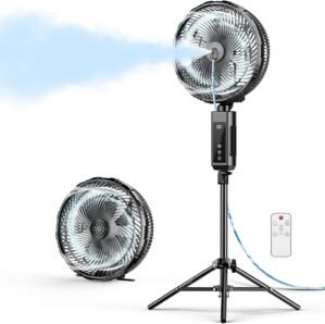 Misting Fan Portable, 20000mAh 12-Inch Outdoor Misting Fan for Patios Outside, 2 In 1 Pedestal & Tabletop Oscillating Fans with Misting Kit, Rechargeable Cooling Fans with Remote/Mist/7 Gear/Timer