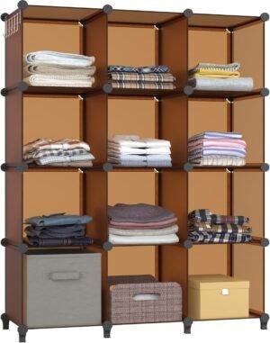 Closet Organizer, 12-Cube Closet Organizers and Storage, Cube Storage Organizer for Kids, Closet, Bedroom, Bathroom, Office, Brown