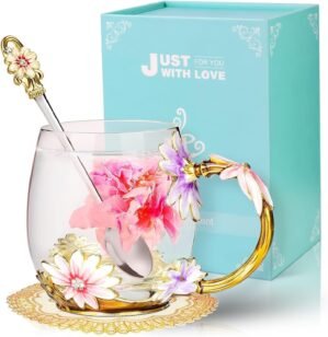 Wisolt Birthday Gifts for Women Mothers Day Gifts for Mom Enamel Glass Tea Cup Gifts for Her Mom Grandma Teacher Friend Anniversary Christmas Valentines Day Glass Coffee Mug with Spoon