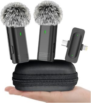 2 Pack Wireless Microphone for iPhone USB C Lav Mic for iPhone 15 Android Phone Video Recording Noise Cancelling Lapel Lavalier Microphone Live Stream Podcast (2 in 1)