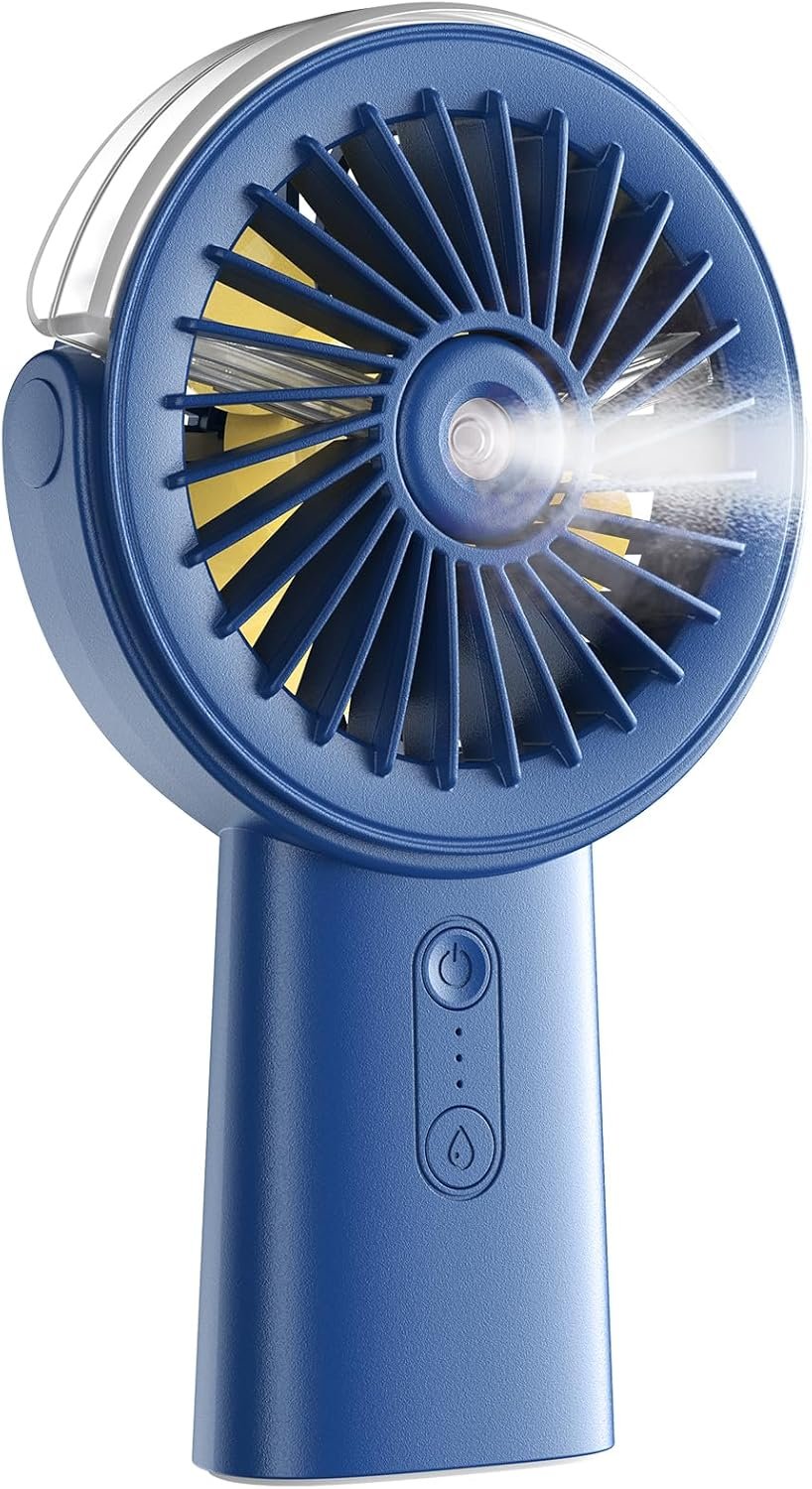 Otlonpe Handheld Misting Fan Portable, 4000mAh Rechargeable Small Personal Water Spray Hand Held Mist Fan Battery Operated, 90° Rotatable, Power Bank for Travel Home Office Men Women Kids (Blue)