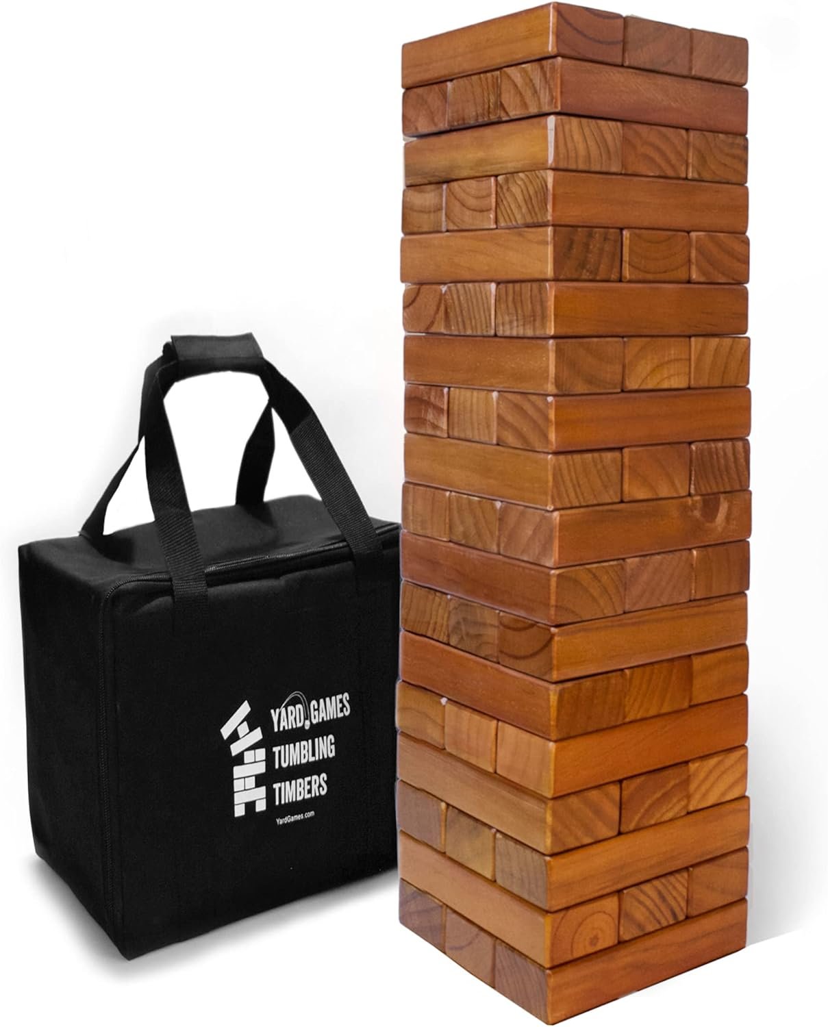 Yard Games Large Jr. Tumbling Timbers Wood Stacking Party Tailgate Backyard Game Indoor Outdoor with Carrying Case for Kids Adults, 21 Inch, Stained