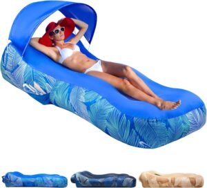 Inflatable Lounger Air Sofa with Sun Shade Cover Waterproof Inflatable Couch Chair for Camping Beach Hiking Backyard, Easy to Set Up Inflatable Couch (Blue)
