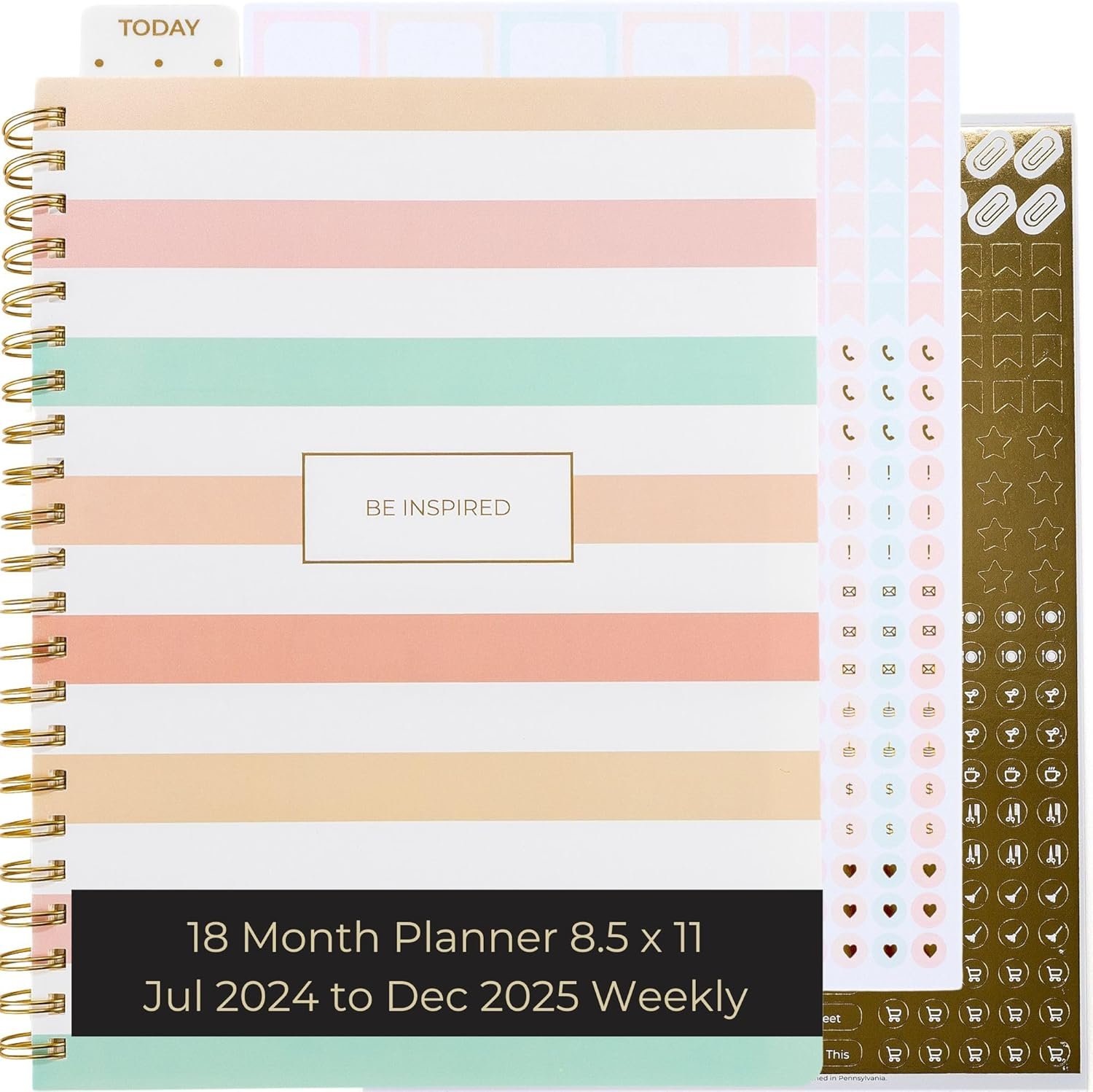 Blu Monaco 18-Month Calendar July 2024 – December 2025 – Pastel Stripes Weekly & Monthly Organizer for Women, Moms, Work & School, Large – Gold Spiral Bound with 215 Stickers