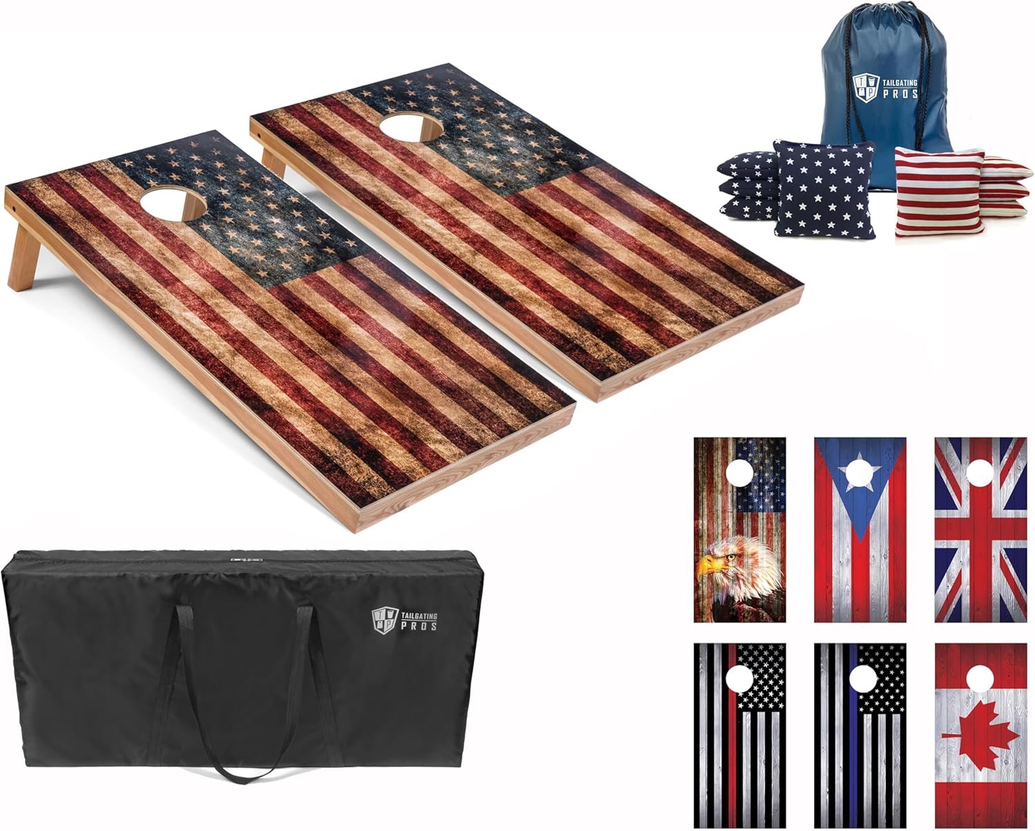 Tailgating Pros Regulation Cornhole Boards Flag Set – Includes 8 Bean Bags, Carrying Cases, and 4’x2′ Corn Hole Toss Game