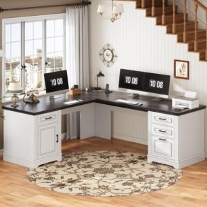 SEDETA Farmhouse 69″ Executive L Shaped Desk, Home Office Desk with Drawers and Storage Cabinet & Power Outlet, Corner Computer Desk, White