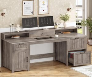 SEDETA Farmhouse 63″ Executive Desk, Wood Computer Desk with Drawers and Storage Cabinet, Home Office Desk with File Drawer and Monitor Stand, Wood Desk for Work Study Writing, Grey