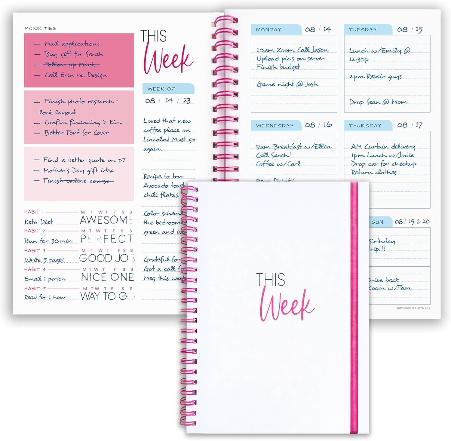 Weekly Planner Spiral Bound Notebook A5 – Undated Planner – To Do List Notebook – Habit Tracker – 52 Weeks – Daily Planner Undated for Home Work Office Business – Goal Planner – Cute Planner (Pink)