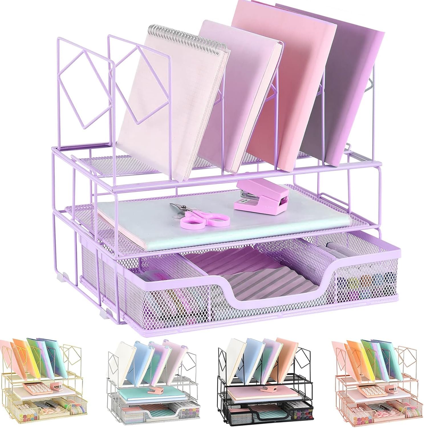 Youbetia Desk Organizers and Desk Accessories – Desk Organizer with File Sorters, File Organizer with Drawer, Desk Accessories & Workspace Organizers for Office Supplies, Purple, 2T-rose